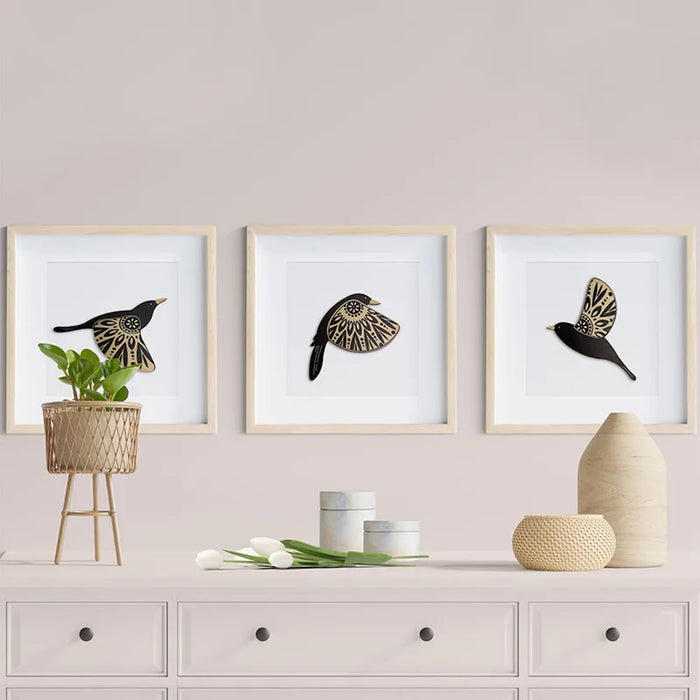 Décoration murale oiseaux en bois 3 pièces couleur prune vue de face