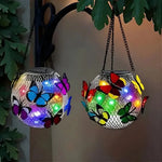 Lanterne solaire suspendue moderne papillons colorés chaîne métallique filet transparent patio jardinextérieur