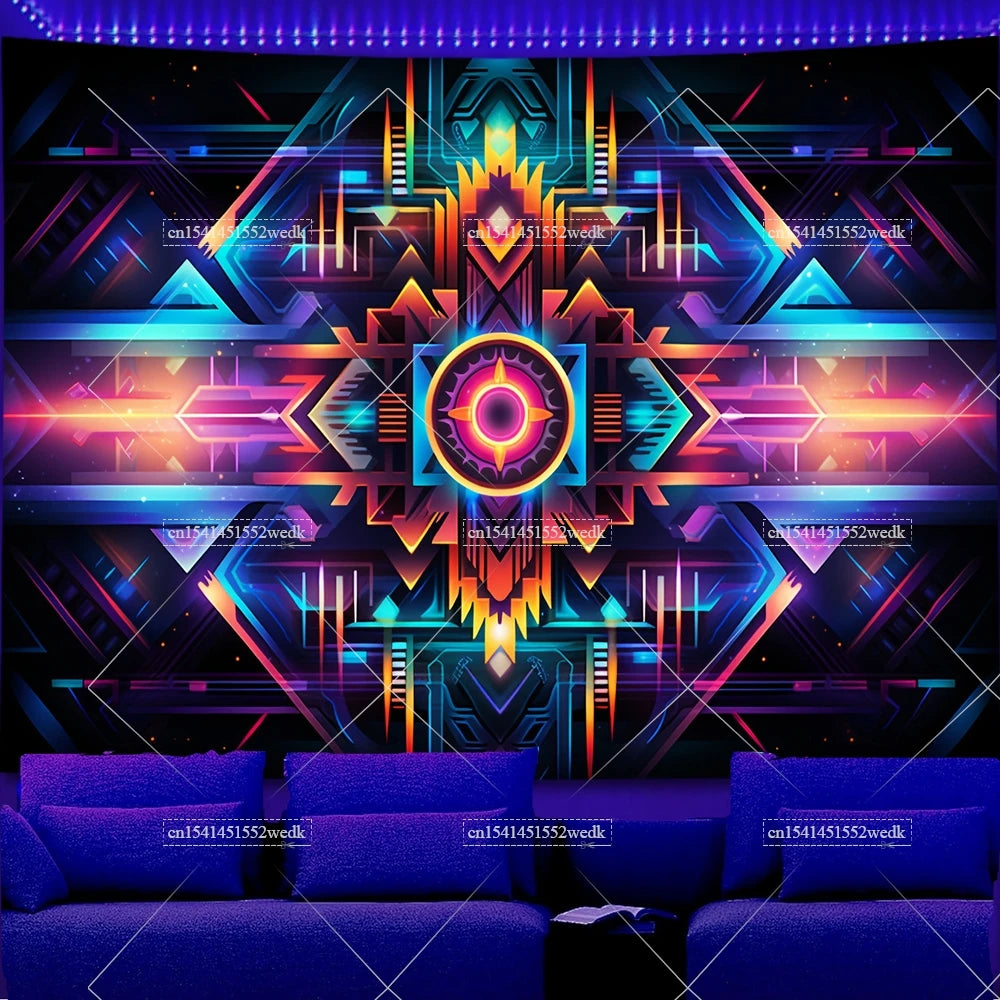 tapisserie blacklight géométrique lumineuse moderne abstraite néon bleu violet orange