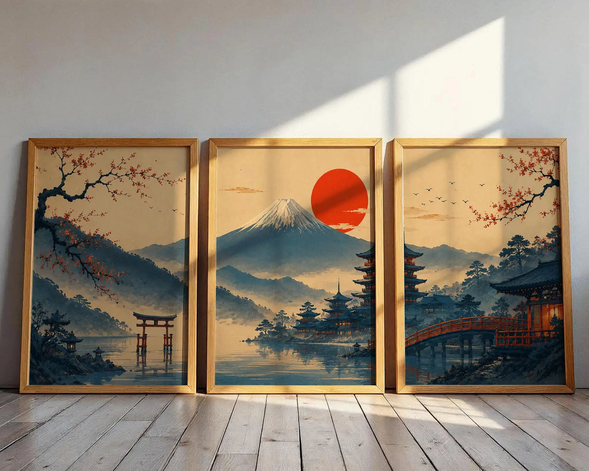affiches ukiyo vintage paysage japonais tableaux imprimés toile fleurs montagne pont cadres bois