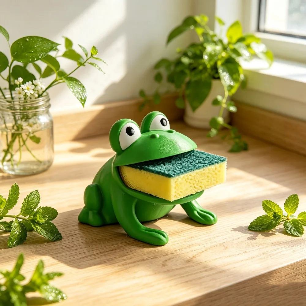 porte éponge grenouille verte éponge jaune noire rangement égouttoir comptoir serviettes vaisselle évier robinet