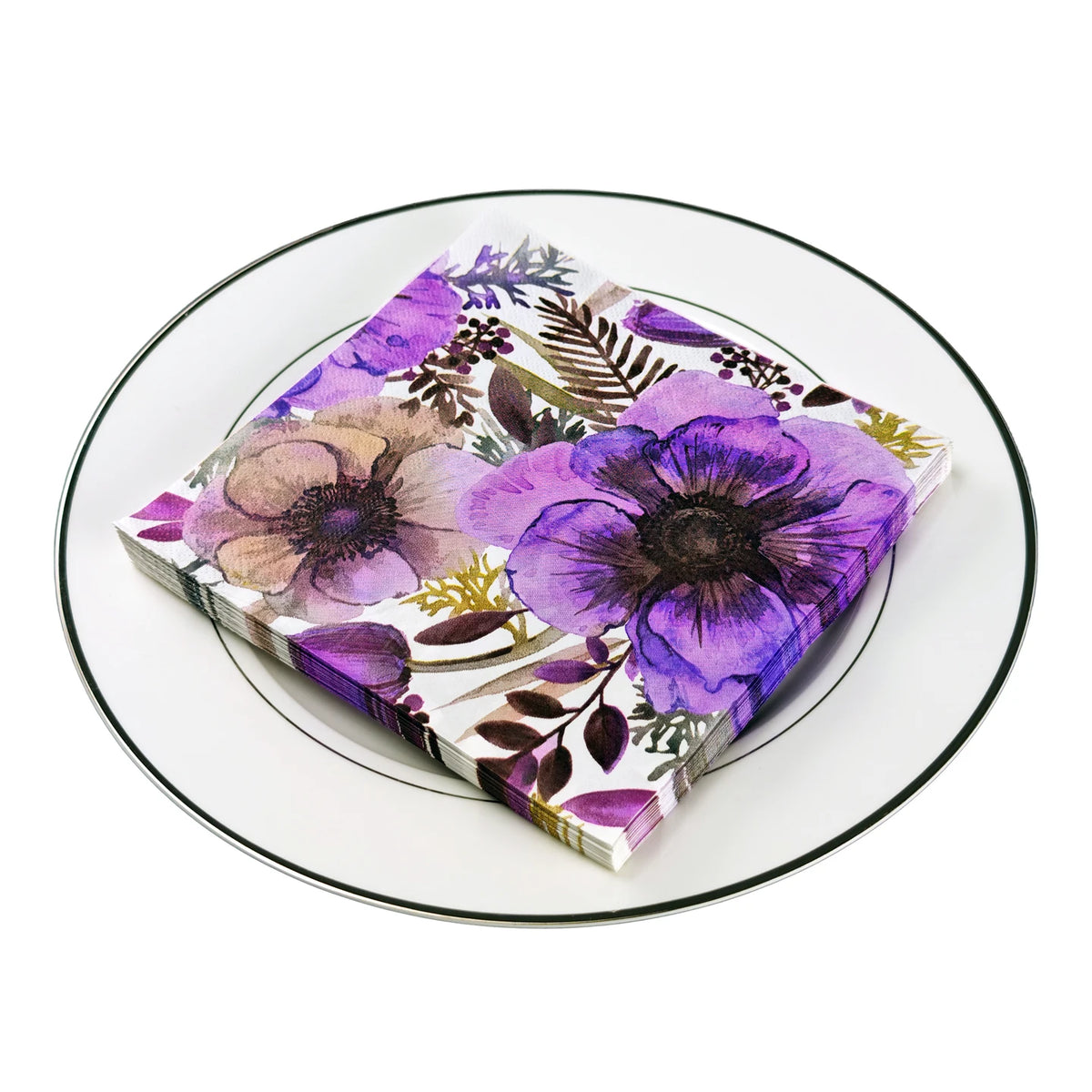 serviettes papier motif floral anémones violet rose élégantes restauration pâtisserie fêtes mariage été