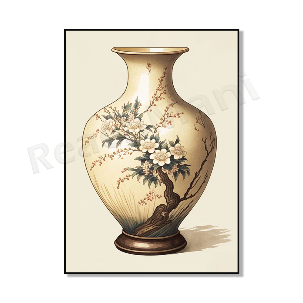 Un vase décoratif avec des fleurs et un motif traditionnel japonais.