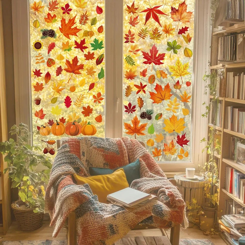décoration fenêtre automne feuilles glands citrouille adhésif orange rouge jaune vert brun 20x30cm 5feuilles