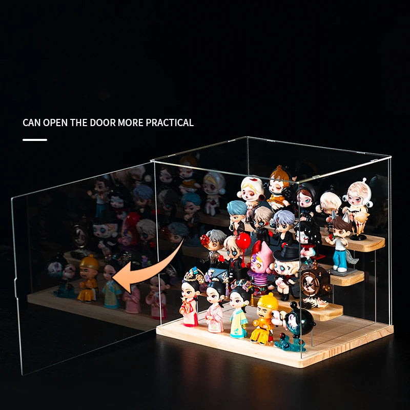 étagère figurines transparente moderne bois clair réutilisable pliable organisateur collection carrée respectueuse environnement minimaliste