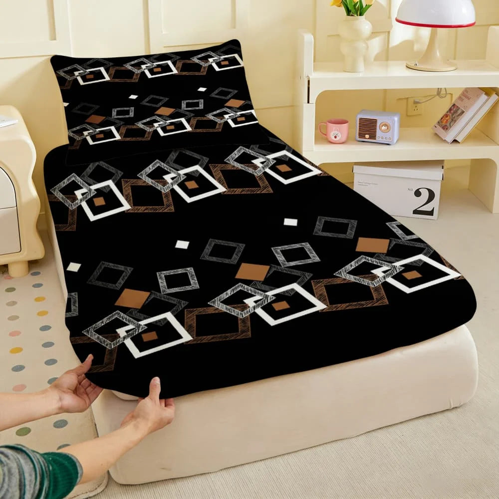 drap housse géométrique moderne noir blanc marron carrés superposés adhésif lit simple double queen