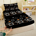 drap housse géométrique moderne noir blanc marron carrés superposés adhésif lit simple double queen
