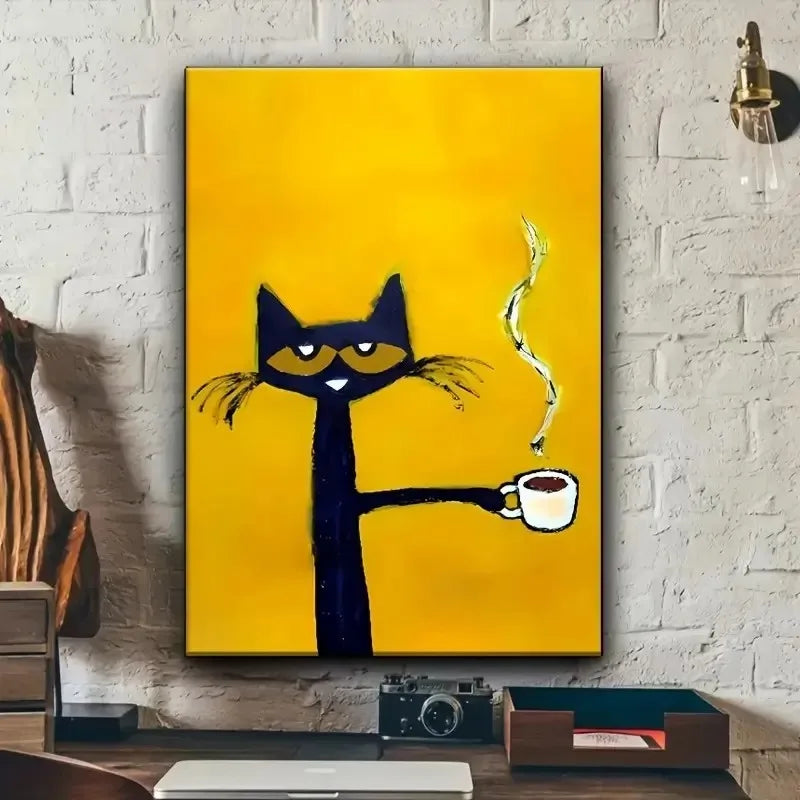 tableau mural jaune chat noir tasse illustration cartoon cuisine chambre decoration intérieure