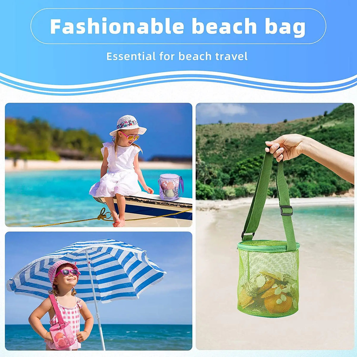 sac plage pliable bleu rose vert violet maille fine moderne pratique adjustable fun tri