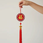 décoration nouvelle année pendentif bois rouge doré traditionnel chinois lettres motifs pompon