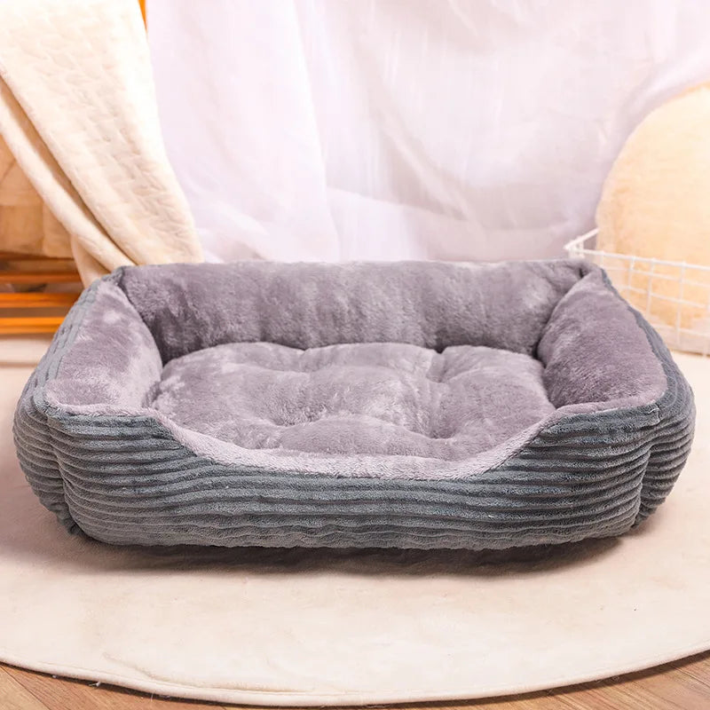 lit chien confortable velours côtelé gris rouge rayures verticales douillet hiver taille multiple lavage
