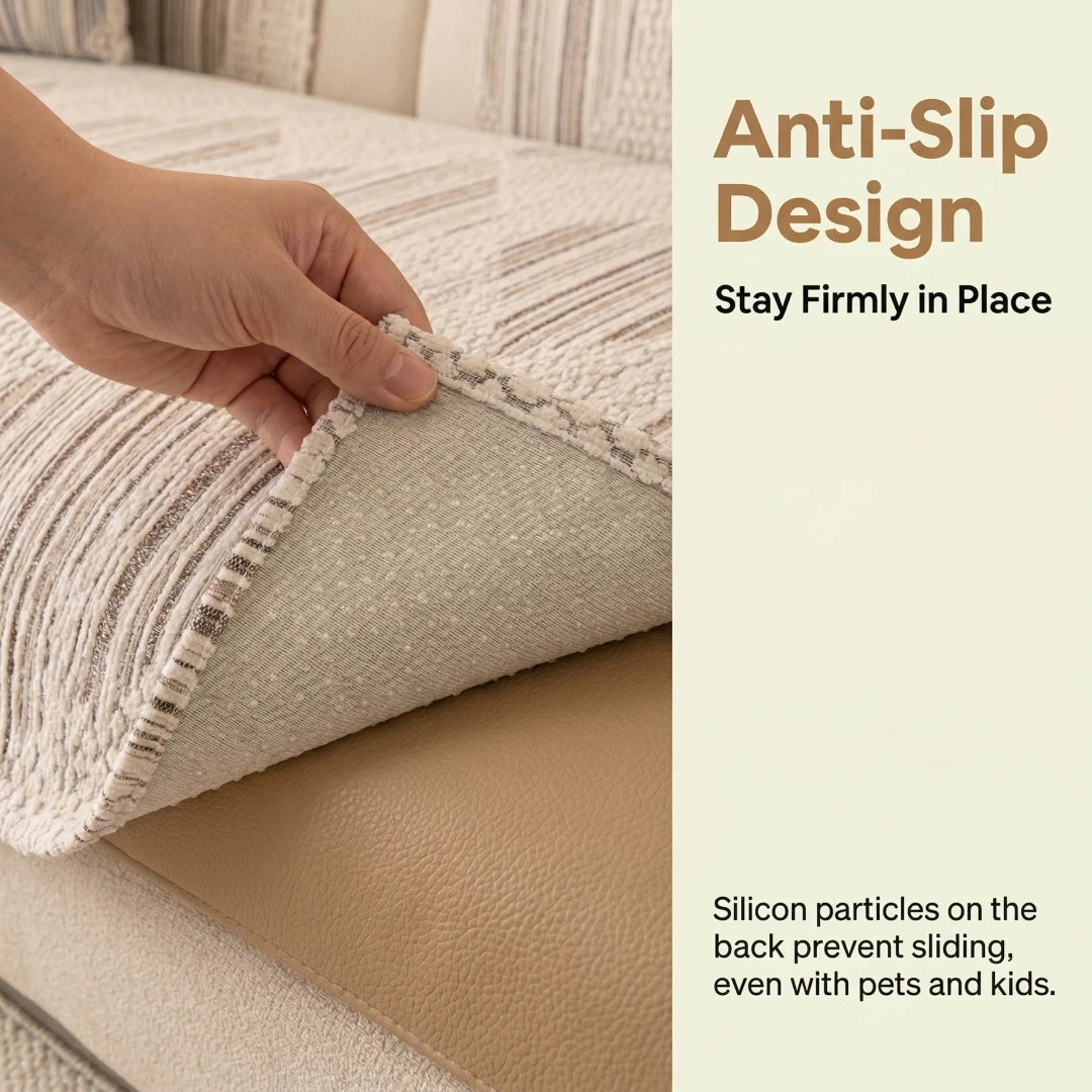 housse canapé chenille beige rayures horizontales moderne élégante coussins décoratifs anti dérapant