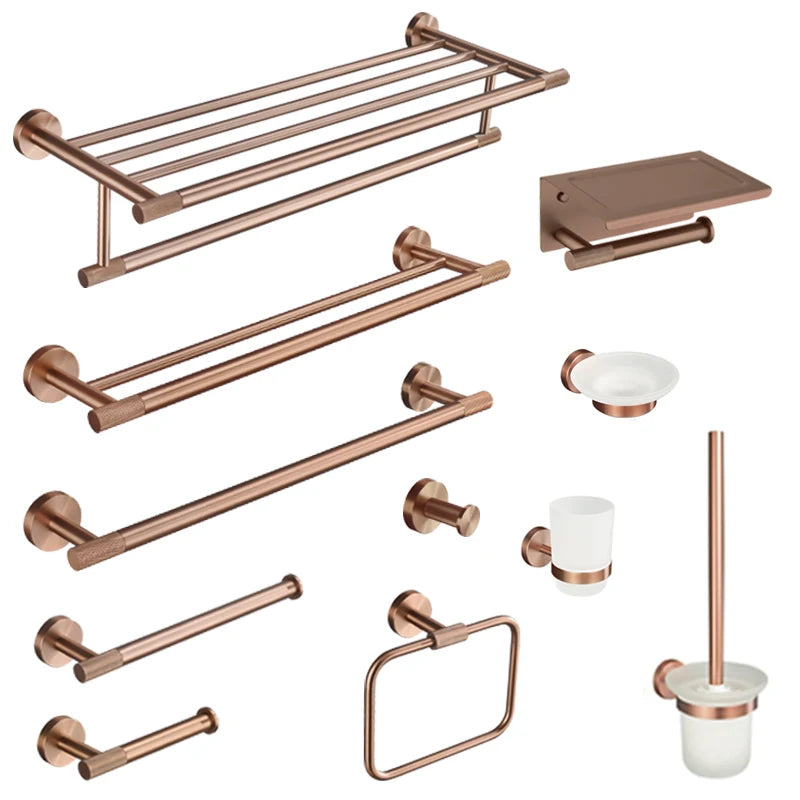 ensemble accessoires salle bain laiton brossé or rose porte serviettes mural moderne