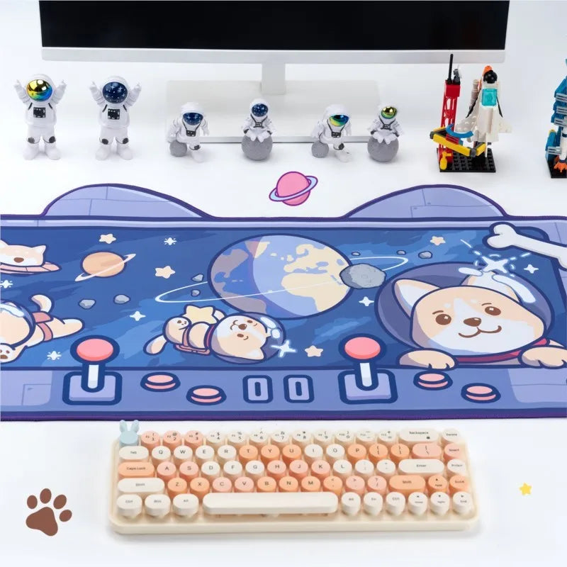 tapis souris kawaii chiens astronautes planètes étoiles bleu blanc rose gris spatial cartoon 72x40cm