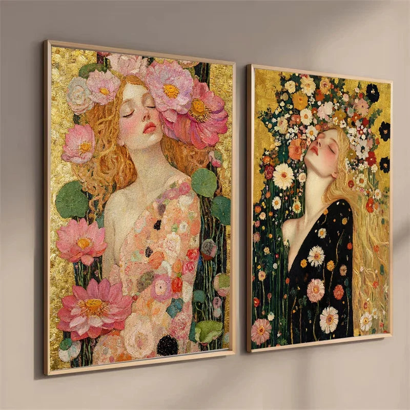 toile d'art floral aquarelle cadres bois art nouveau multicolore roses feuilles doré chambre salon