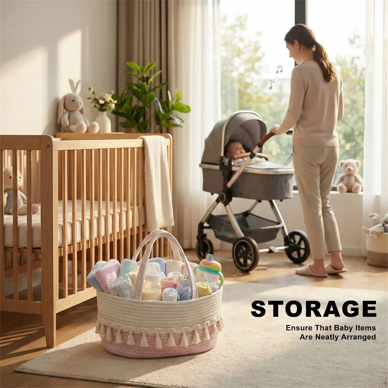 panier rangement tressé réutilisable compartiments couches jouets blanc rose beige