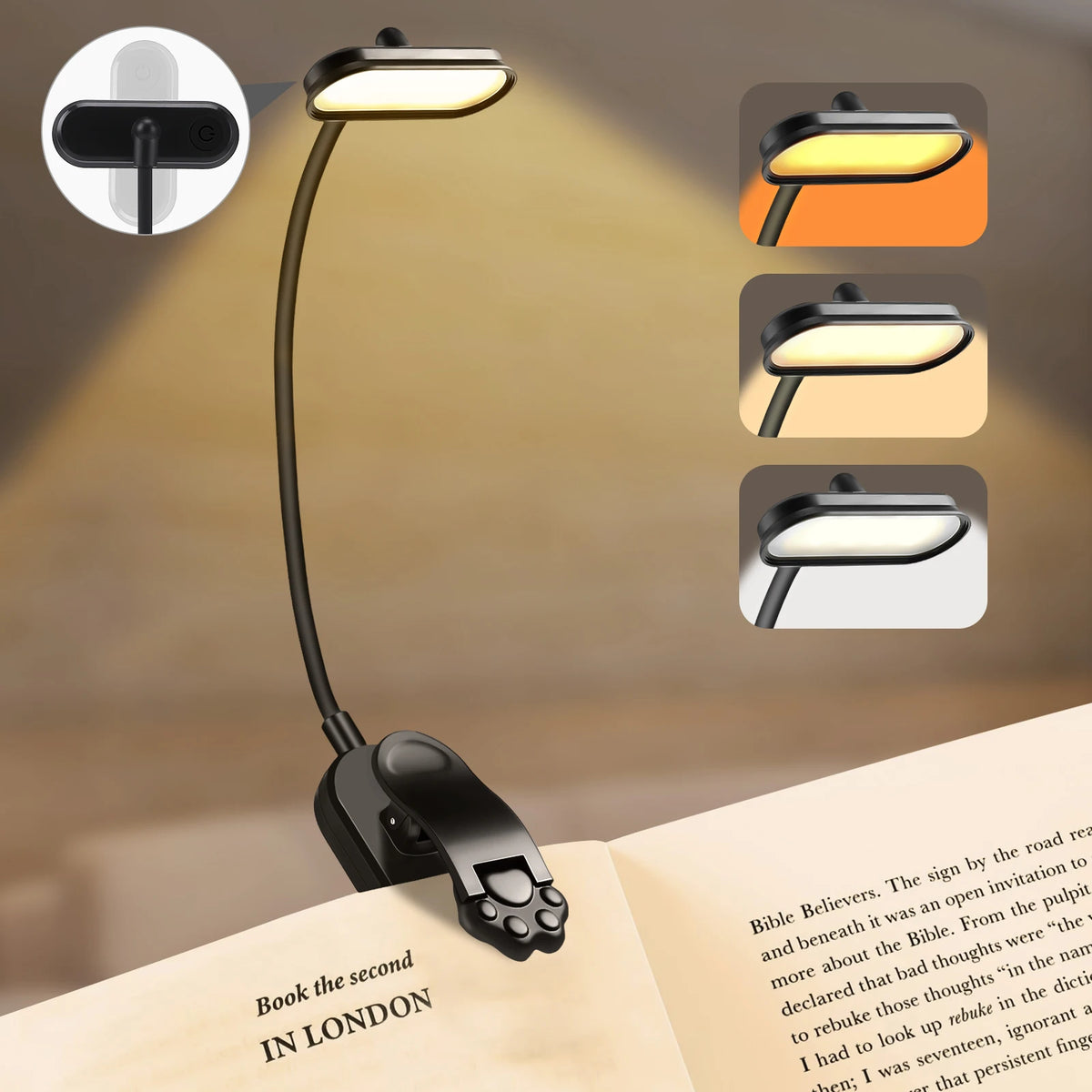 lampe lecture led rechargeable usb portable flexible clip blanc noir lumiere jour multiple niveaux