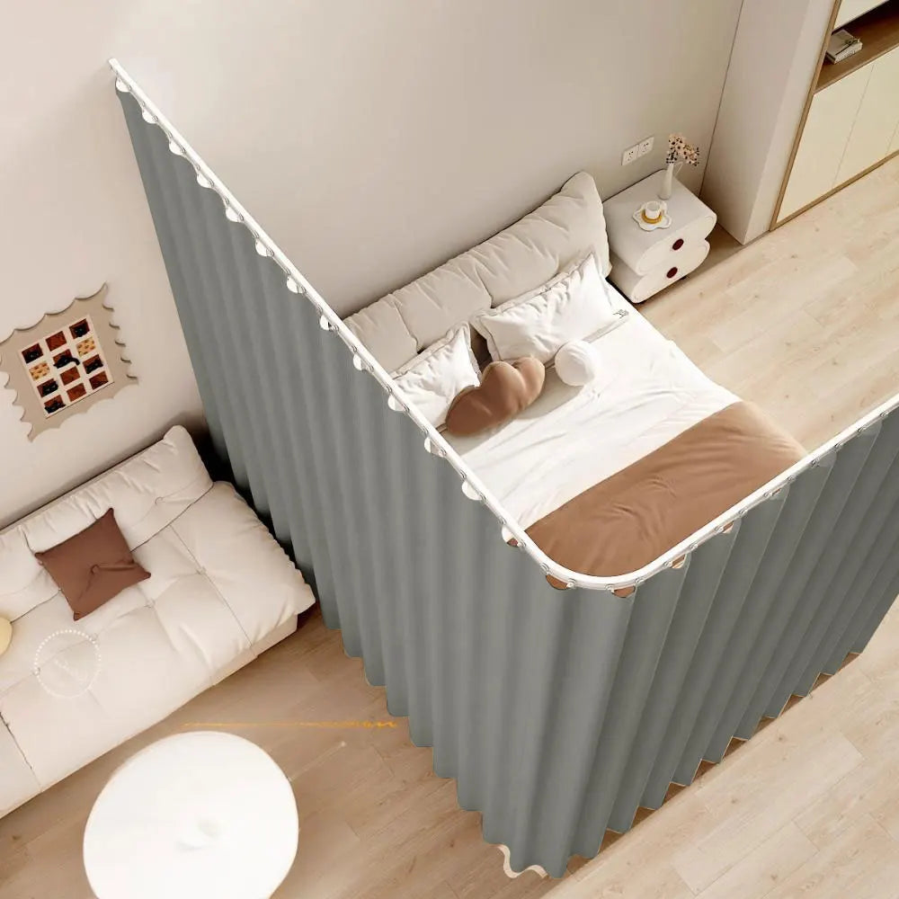 rideau séparation chambre gris blanc bleu plissé moderne tringle guirlande lumineuse opacité variable