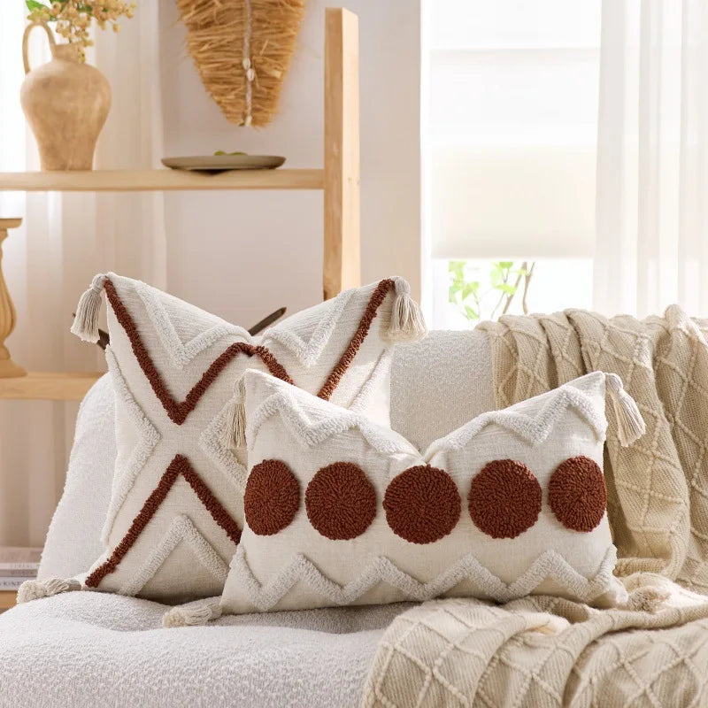 taies d'oreiller géométriques boho chic tassel beige coton polyester 45x45cm
