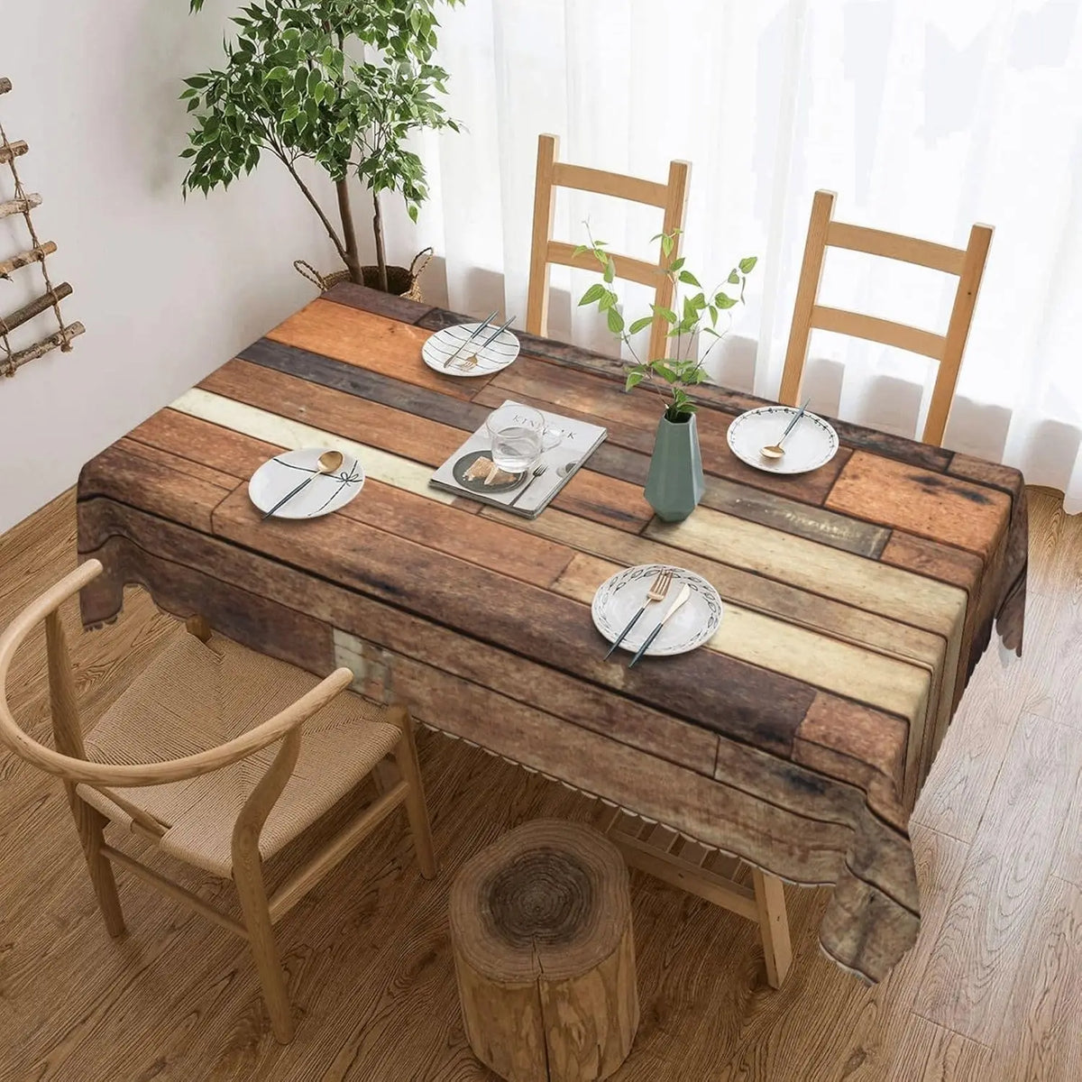 nappe table bois vieilli marron beige rustique vintage rectangle réutilisable polyester modernisée assiettes couverts