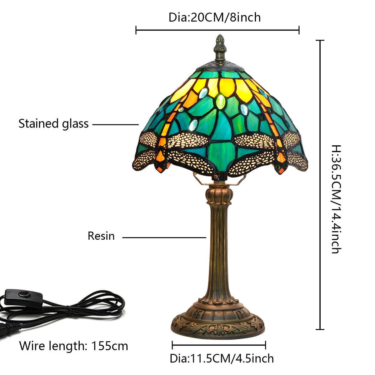 lampe table art nouveau libellules vert bleu jaune orange résine opacité interrupteur bouton poussoir