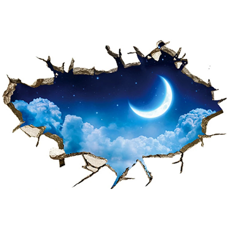 sticker mural 3d ciel bleu nuages étoiles béton fissuré adhésif chambre toit