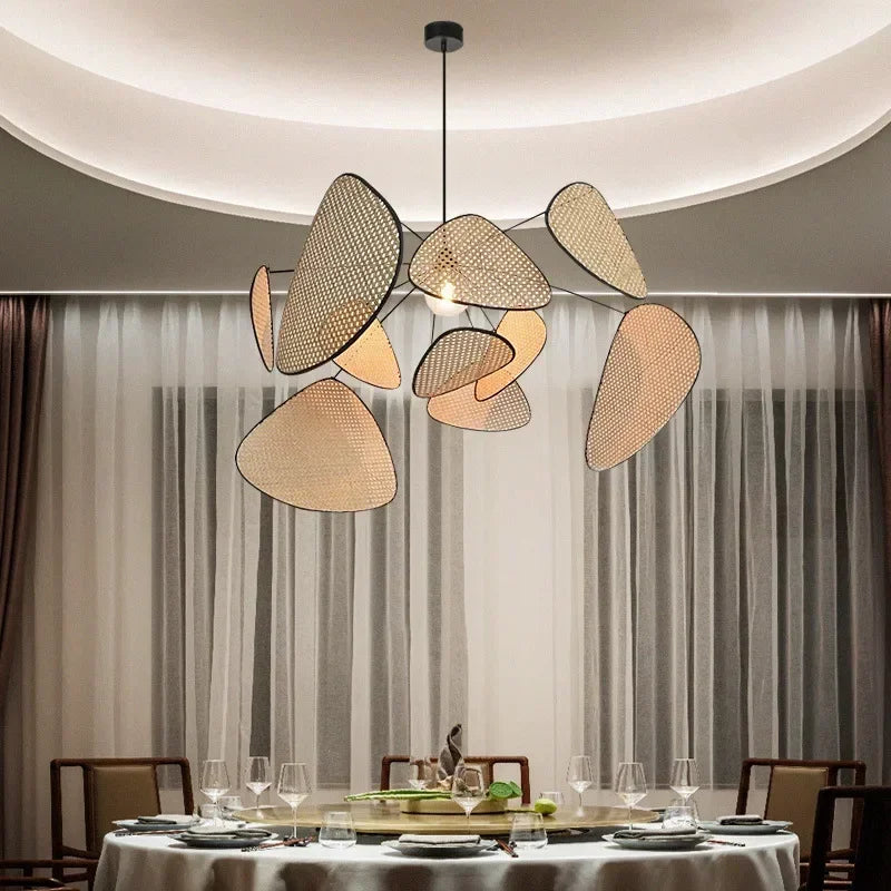 suspension lumineuse moderne bambou couleur beige noir reticule opacite ampoules filament