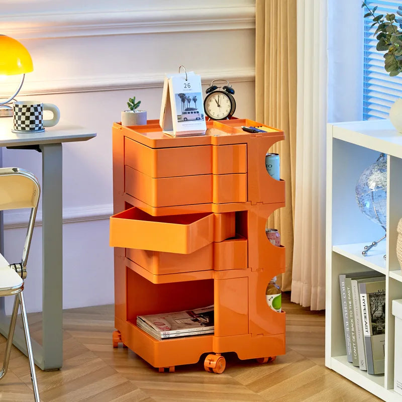 support stockage rotatif multifonction moderne plastique blanc orange vert minimaliste roulettes portatif