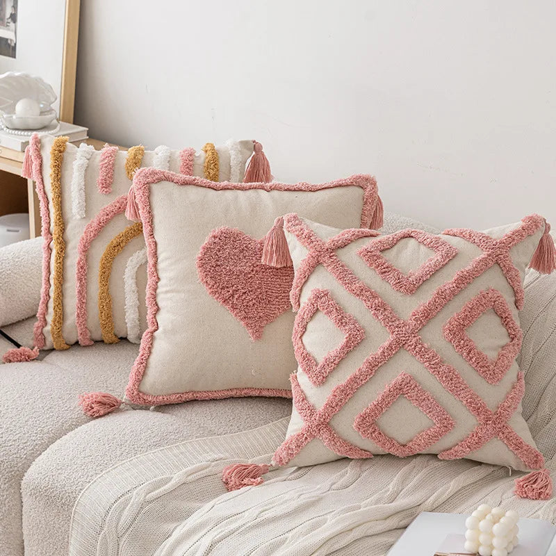 taies d'oreiller géométriques rose clair lit maison douces texturées non toxiques respectueux environnement adhésives