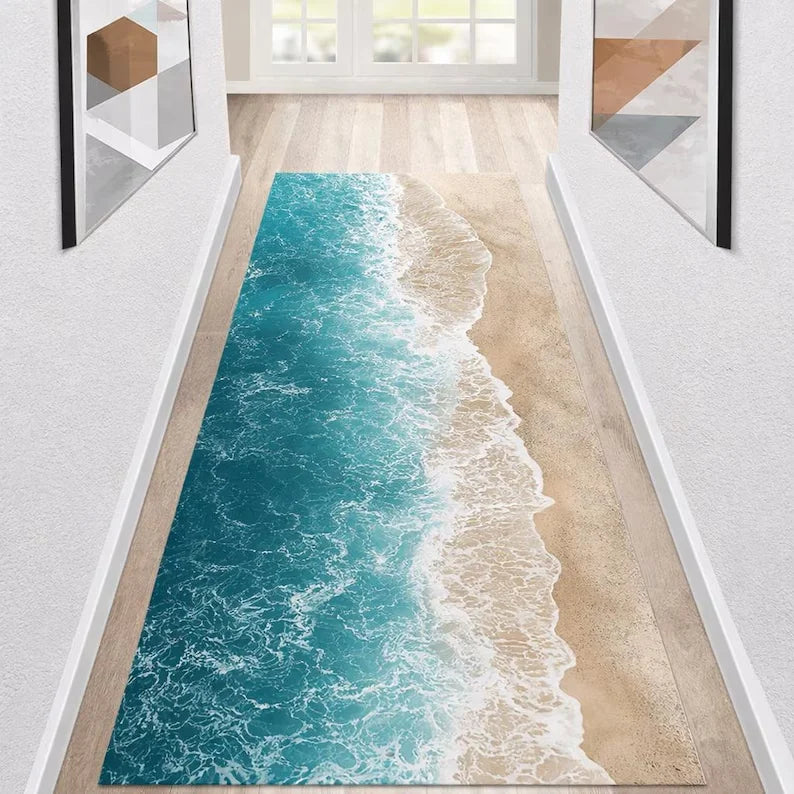 tapis couloir plage bleu motifs sable coquillages moderne salon extérieur 120cm