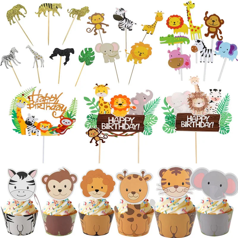 décoration gâteau cupcake animaux jungle safari lion girafe zèbre fête anniversaire enfant carton multicolore