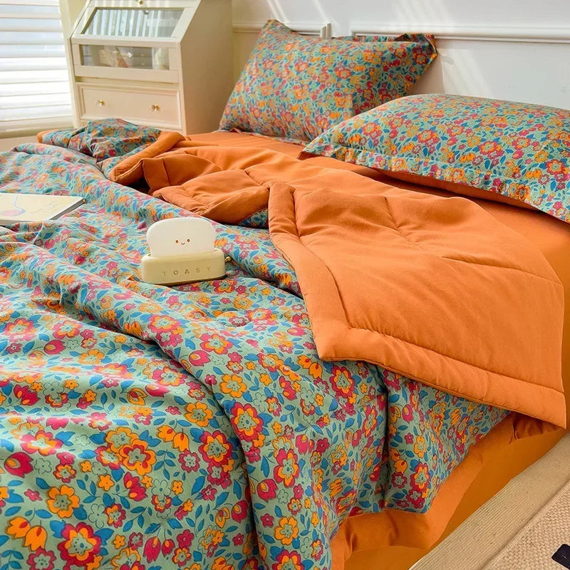 couvre lit fleuri orange bleu jaune vert moderne coton polyester été imprimé 200x230cm lavable