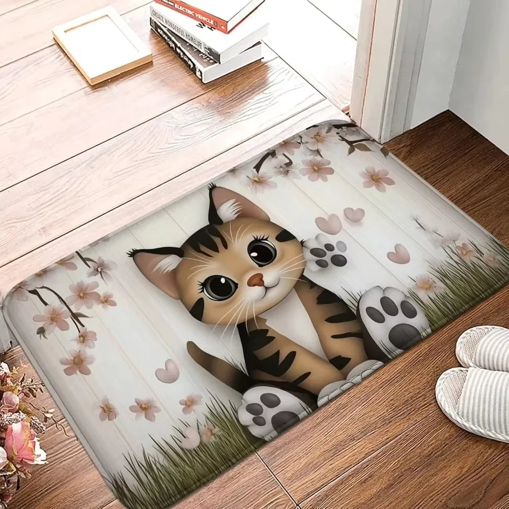 tapis sol moderne antidérapant résistant bactéries rides couleurs noires blanches motifs chats fleurs salon