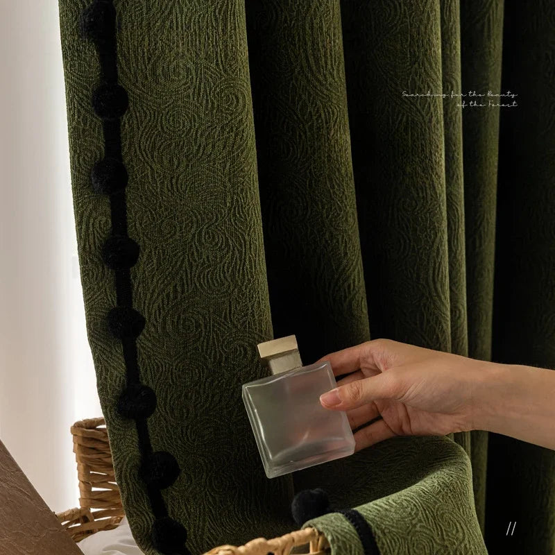 rideau vert olive moderne motifs floraux opaques polyester eyelets pompons