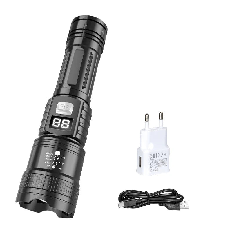 lampe torche led rechargeable zoom télescopique lumière intense mode réglable rainures antidérapantes noire moderne