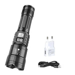 lampe torche led rechargeable zoom télescopique lumière intense mode réglable rainures antidérapantes noire moderne