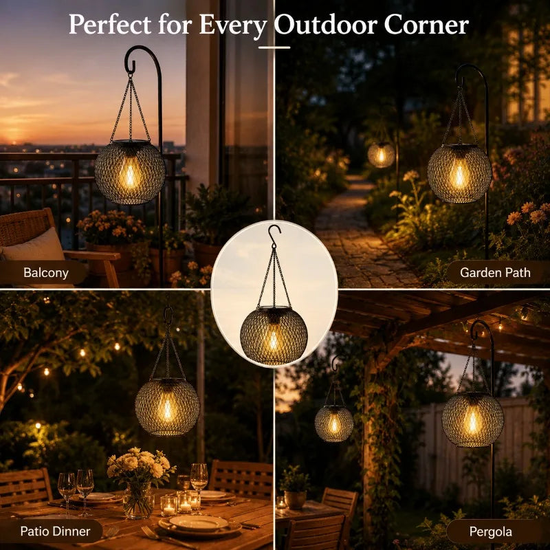 lanterne suspendue vintage noire maille métallique ampoule filament chaines crochetsextérieur decoration jardin