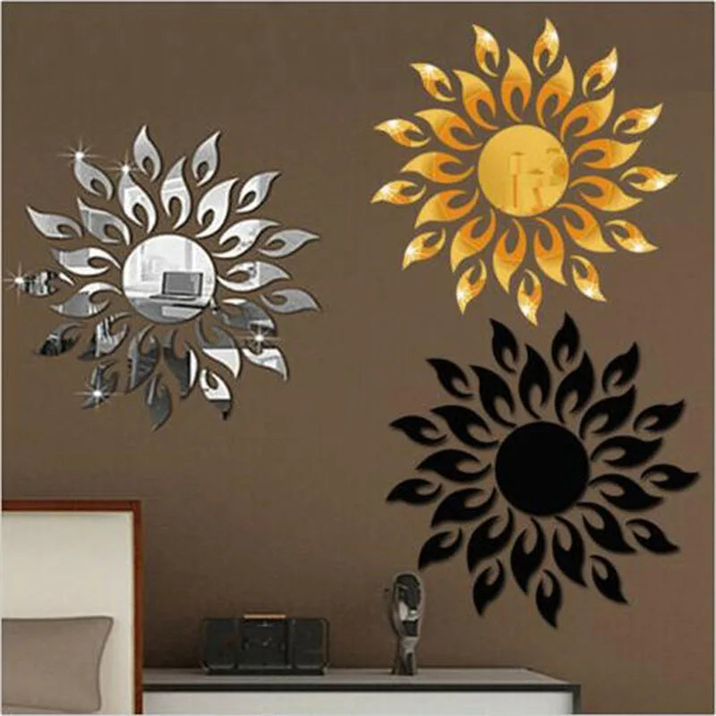 miroir mural moderne argent doré noir feuilles stylisées adhésif décoration maison abstrait set multiple