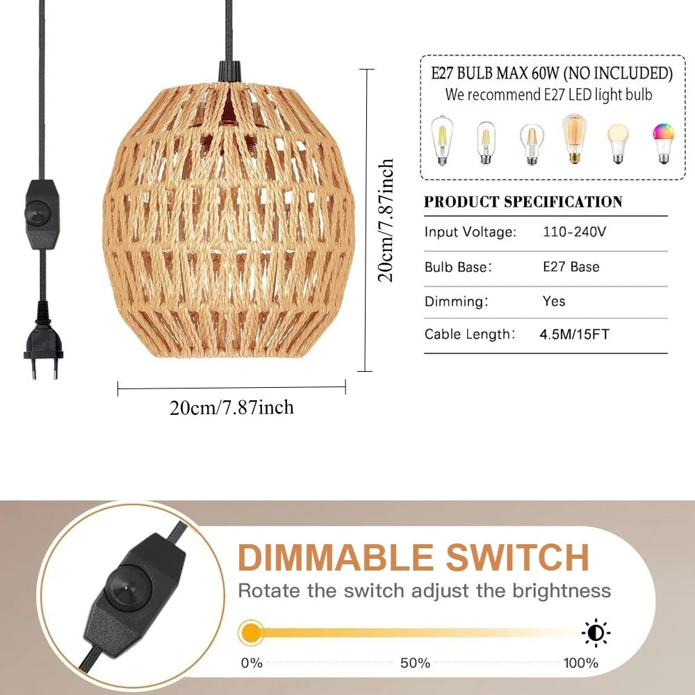 lampe suspendue moderne naturelle tissée interrupteur rotatif câble noir ampoules led 4.5m cable opacité