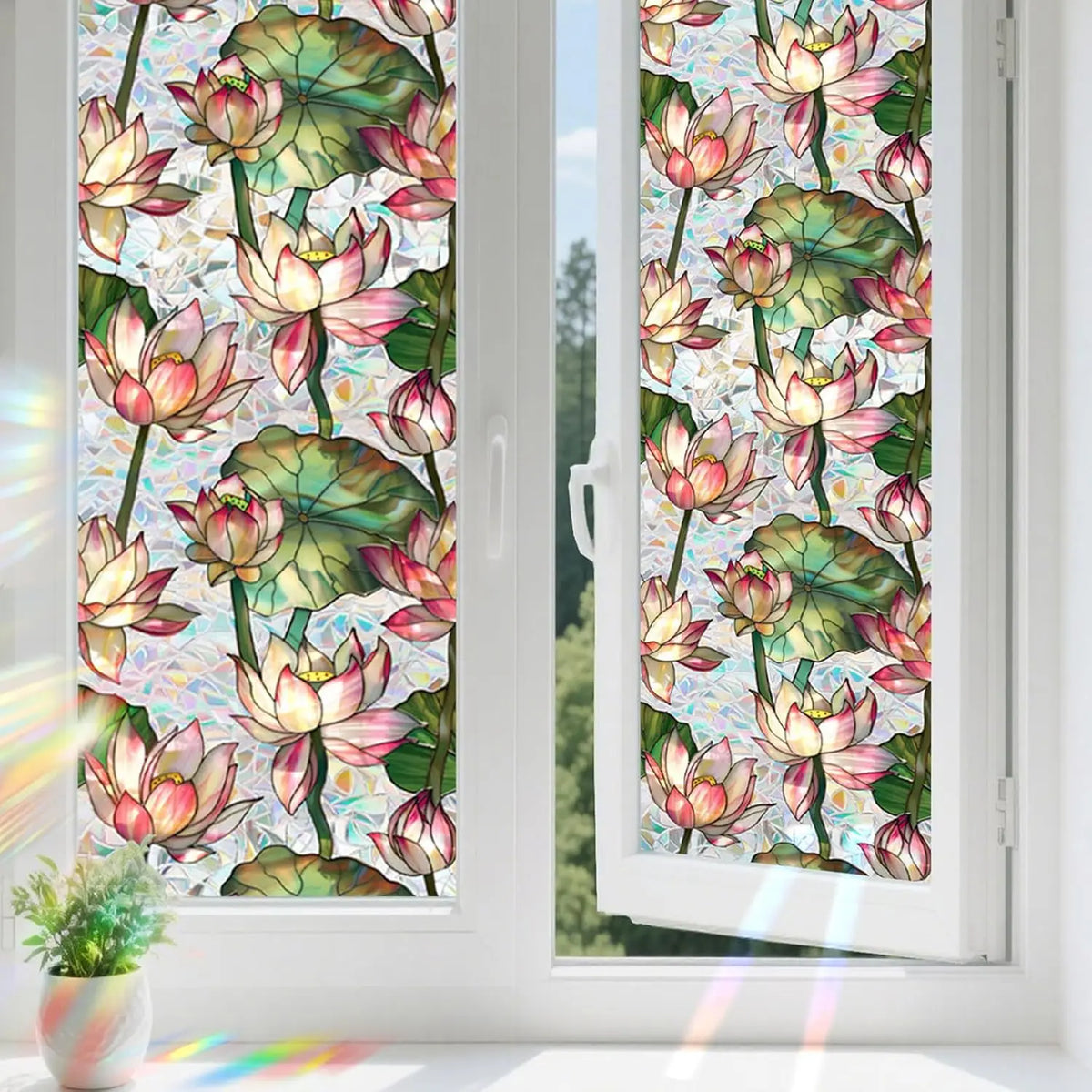 film décoration fenêtre fleurs lotus multicolore adhésif isolation uv artistique réutilisable chambre salle bain