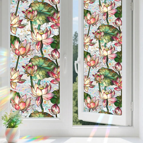 film décoration fenêtre fleurs lotus multicolore adhésif isolation uv artistique réutilisable chambre salle bain