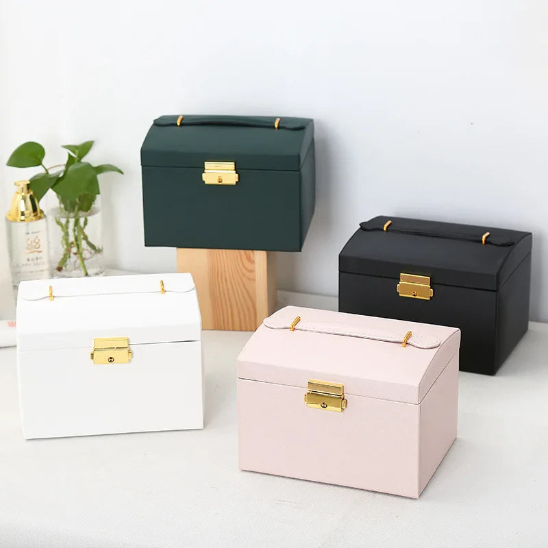 boîte rangement bijoux simili cuir vert foncé blanc noir moderne poignées dorées grille tailles