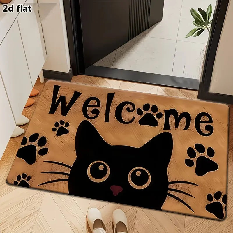 tapis d'entrée moderne chat welcome noir orange entrée extérieure résistant rides polyester