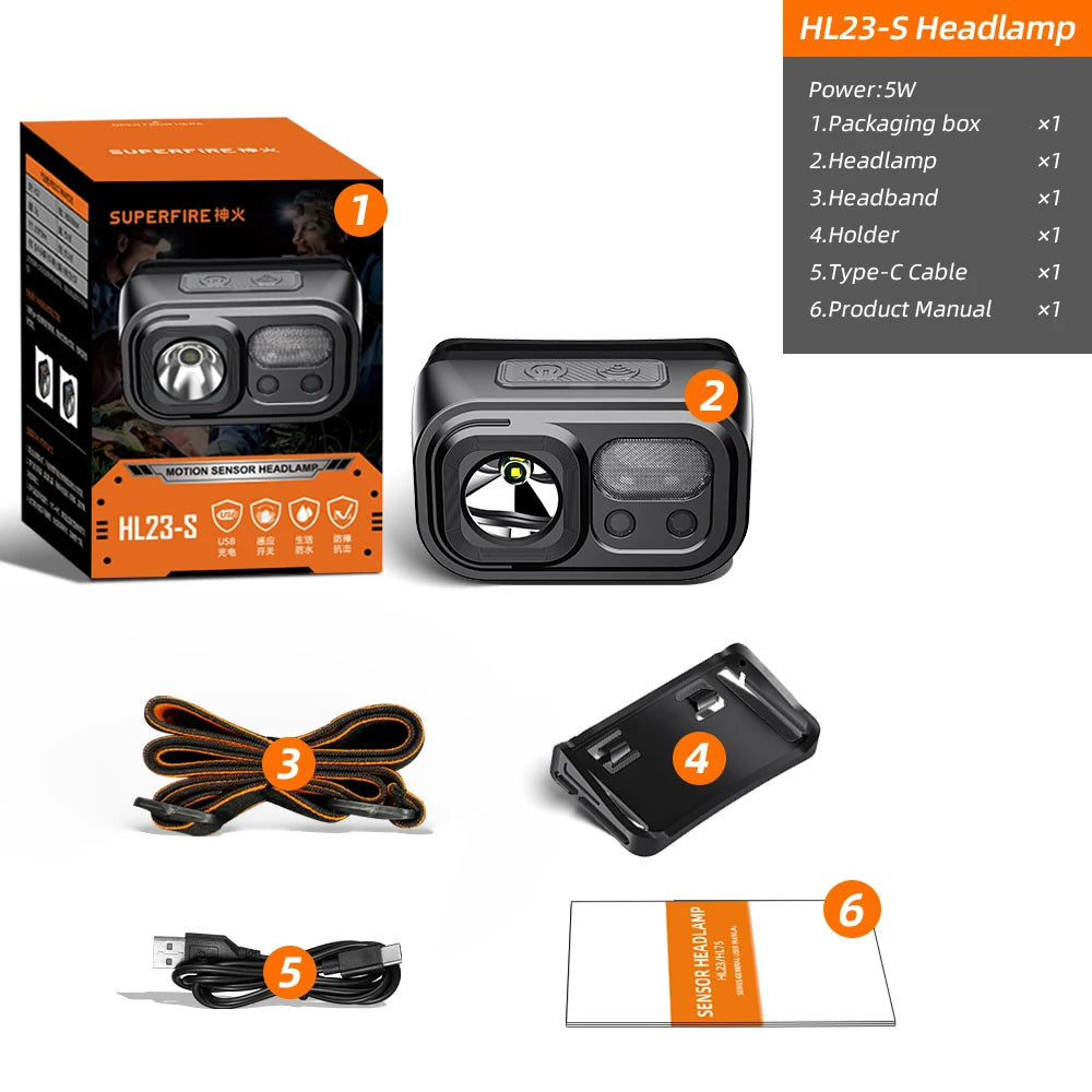 lampe frontale led noire orange rayures superfire ip44 modes sensor switch