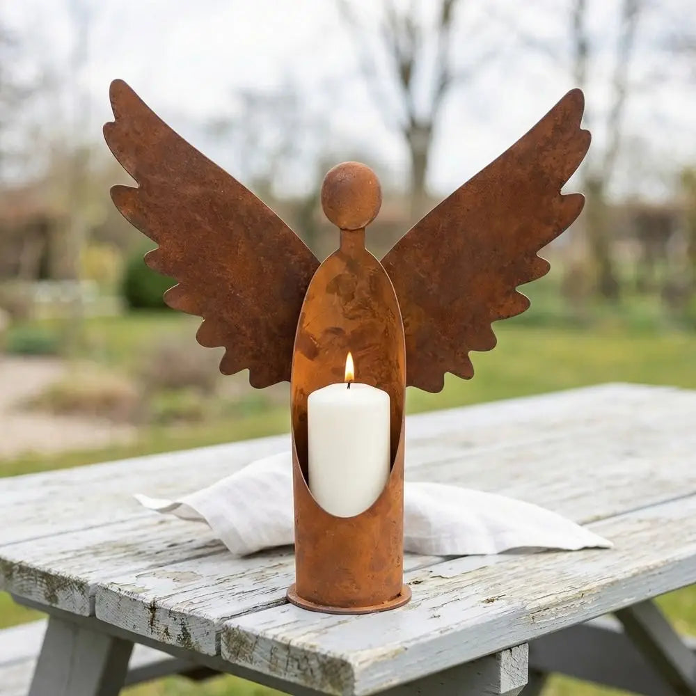 bougeoir ange marron rouille rustique extérieur corrosion texturé vintage spiritualitéextérieur résistant vent decoration