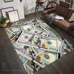 tapis sol moderne motif billets cent dollars américains noir blanc doré
