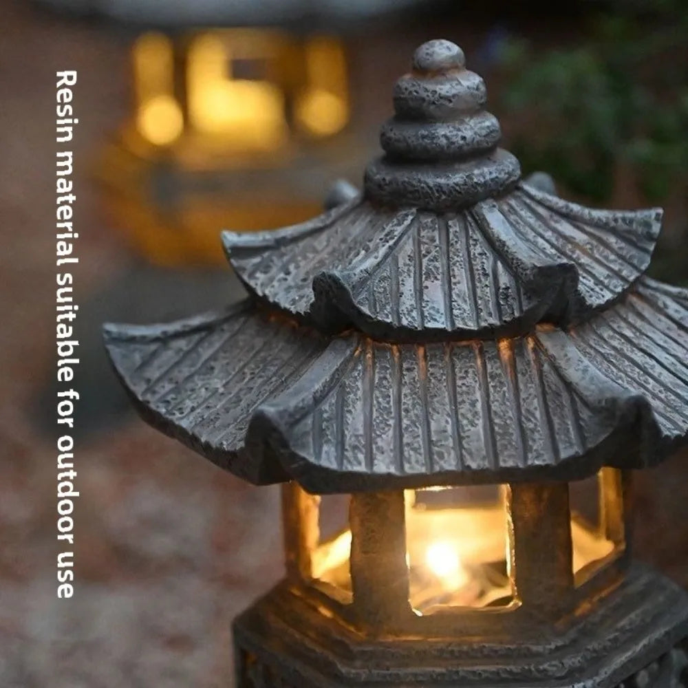 lanterne traditionnelle gris texture granitée détails sculptés japonais lampe led base graniteextérieur jardin