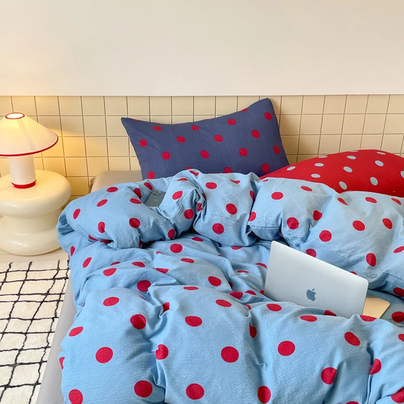 ensemble literie bleu rouge points moderne décontracté couvre lit taies oreiller coussin 150x200cm 180x220cm
