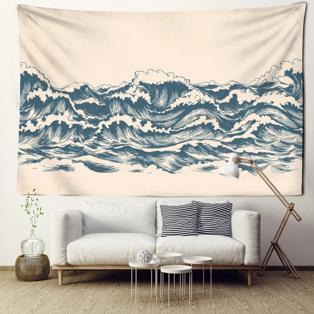 Tapisserie murale ondulée beige avec motif kawaii dans une chambre décorée