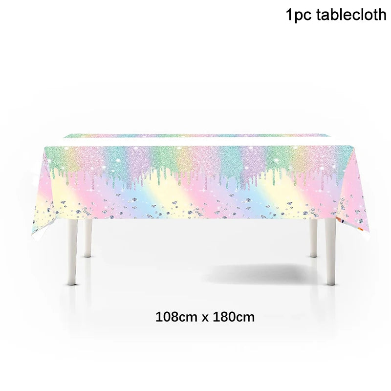 vaisselle jetable fête anniversaire moderne multicolore pailletée assiettes tasses serviettes pailles bannière happy birthday